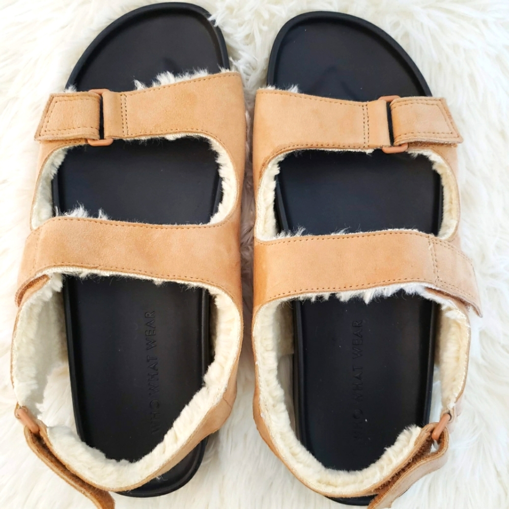 WHO WHAT WEAR Ally Suede Sherpa Lined Tan Strappy Sandals--NEW--7.5